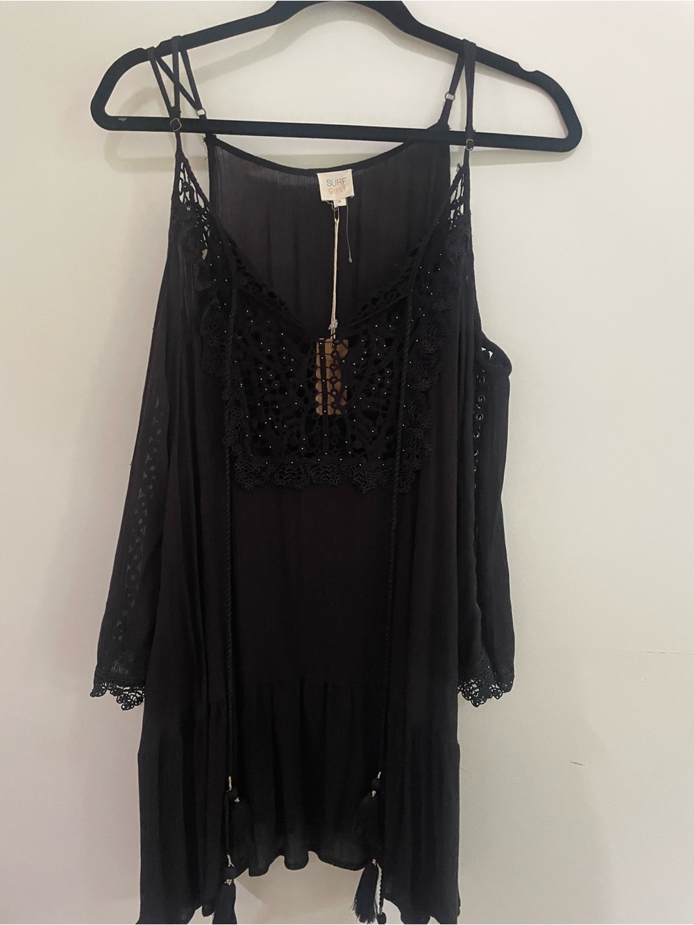 NWT Surf Gypsy Black Gauze Cold-Shoulder Dress Crochet/Gold Bead Detailing SzS